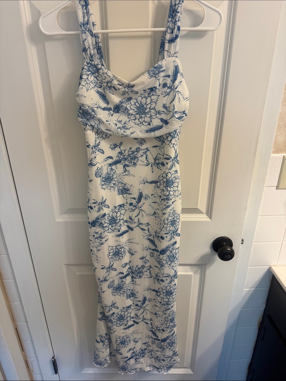 Blue Floral Print White Maxi Dress
